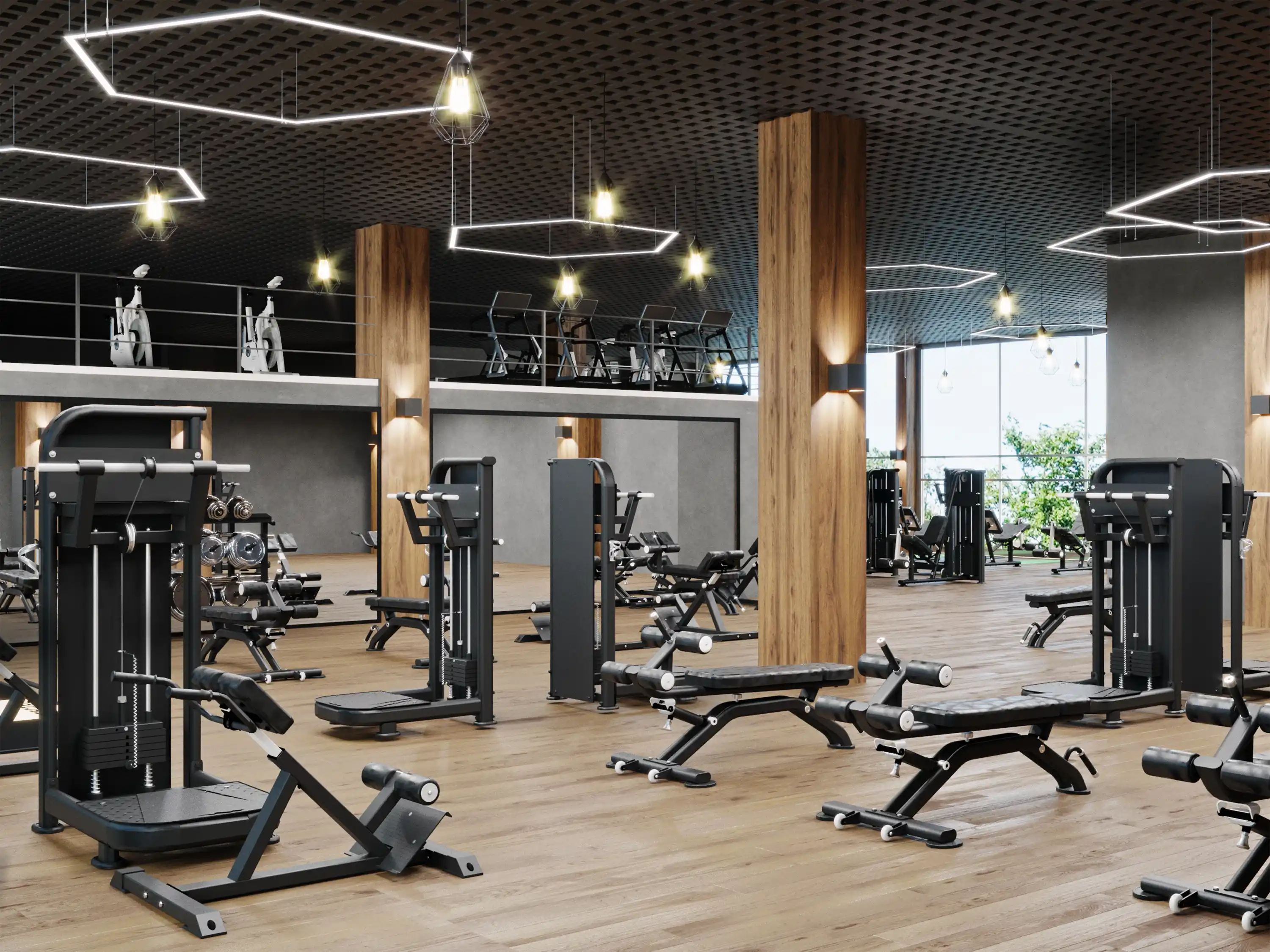 Zeigt ein modernes Fitnessstudio mit Spinning-Bikes.